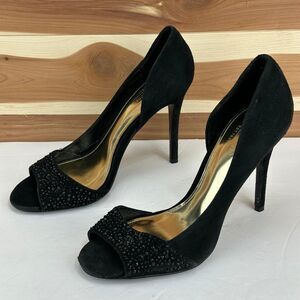 Coach Black Suede Crystal Embellished Peep‎ Toe Stiletto Heels Size 6
